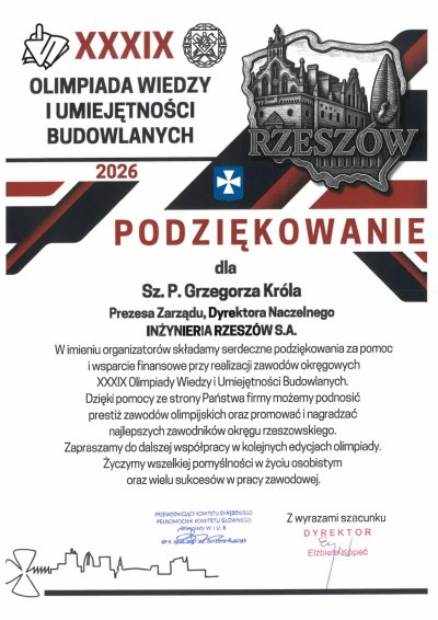 Podziekowania Olimpiada Wiedzy i Umiejetnosci budowlanych PRz